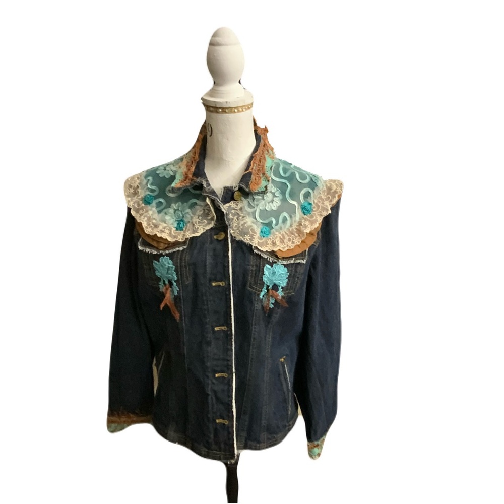 Jones New York Women's Denim Jacket with Turquoise and Lace Accents